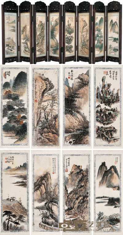 黄宾虹 启功等 1943～1944年作 山水台屏 八屏 22×7cm×8